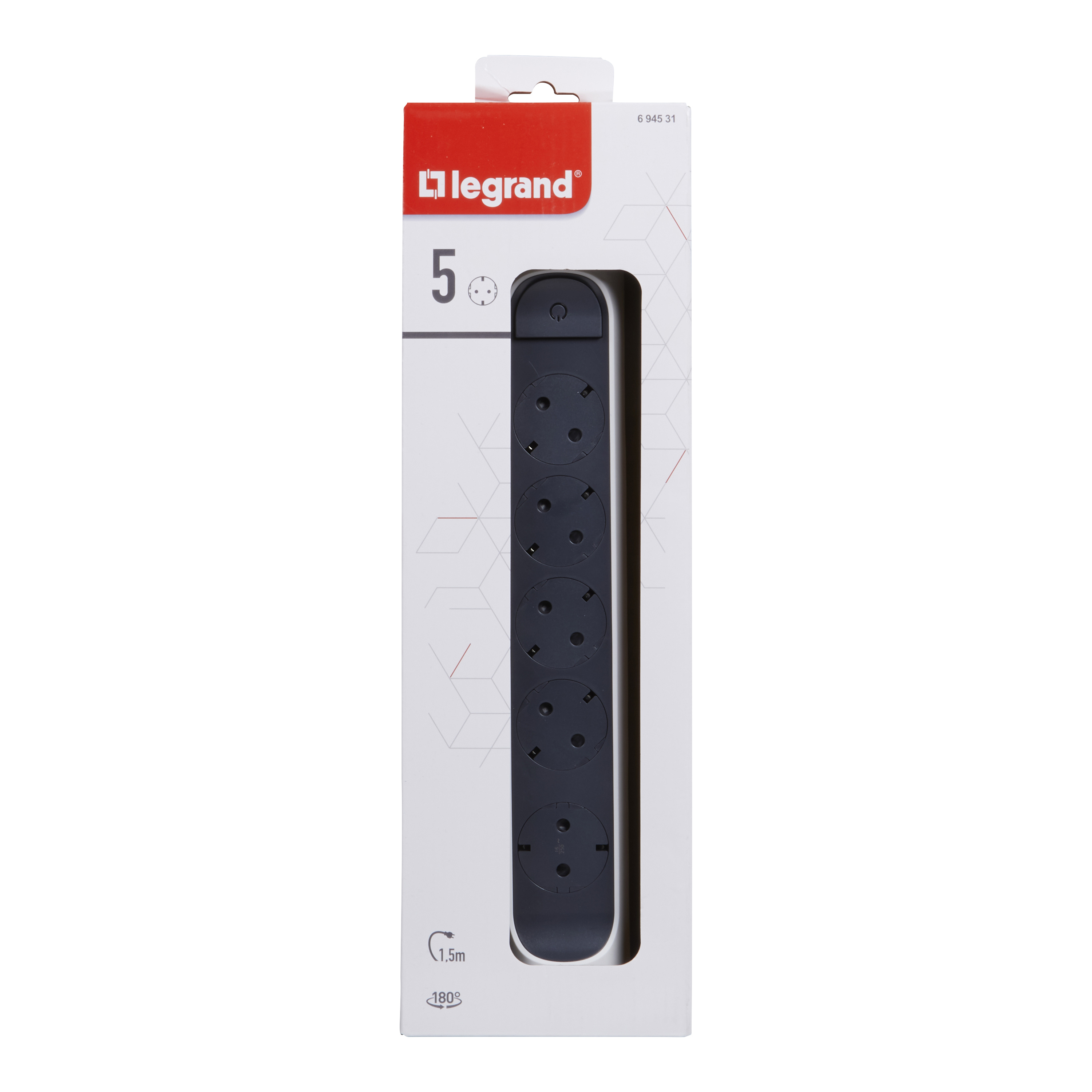 694531 Legrand Разклонител PRE, шуко, 5X2P+E, въртящ се,  1,5м. кабел, бяло/сиво_small