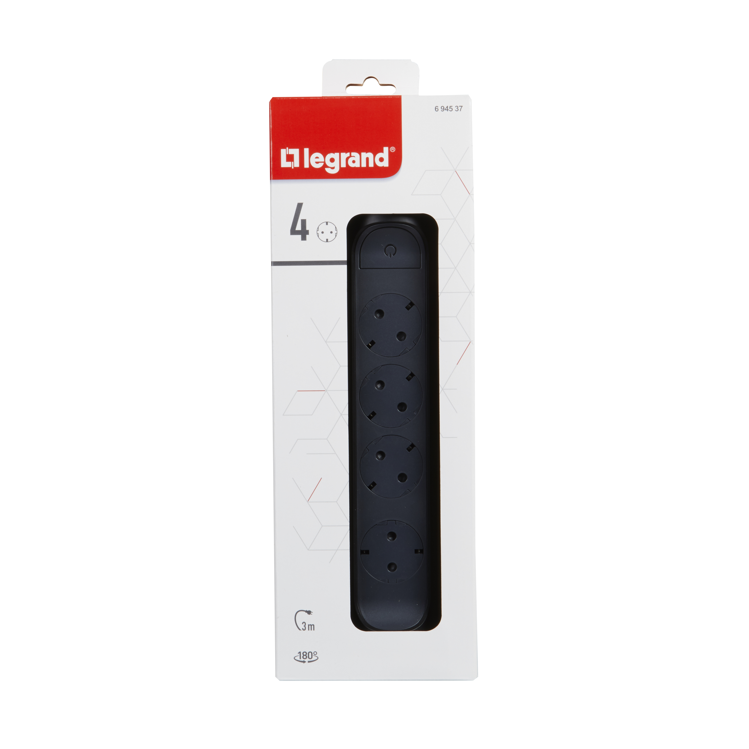 694537 Legrand Разклонител PRE, шуко, 4X2P+E, въртящ се,  3м. кабел, черно/сиво_small