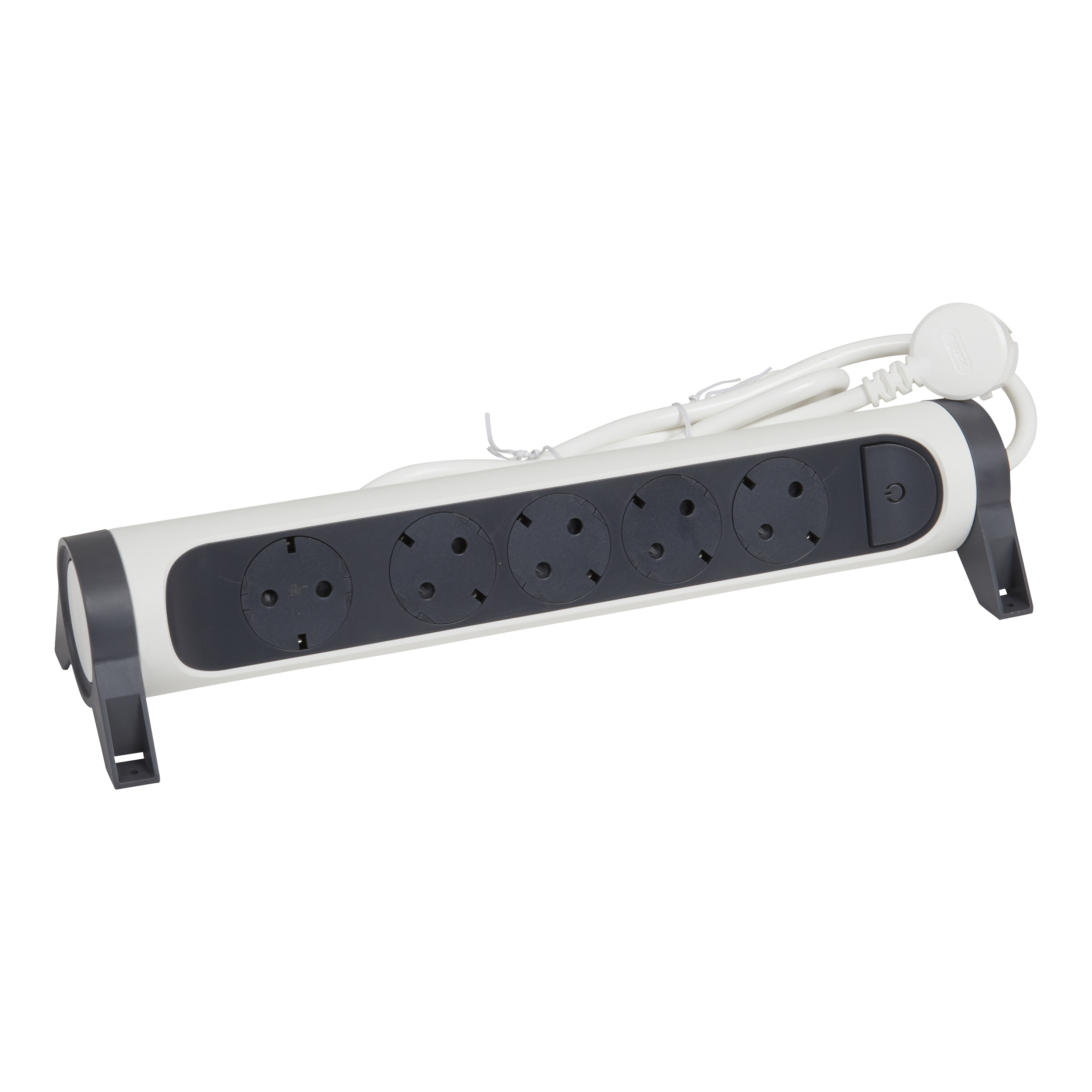 694538 Legrand Разклонител PRE, шуко, 5X2P+E, въртящ се,  3м. кабел, бяло/сиво
