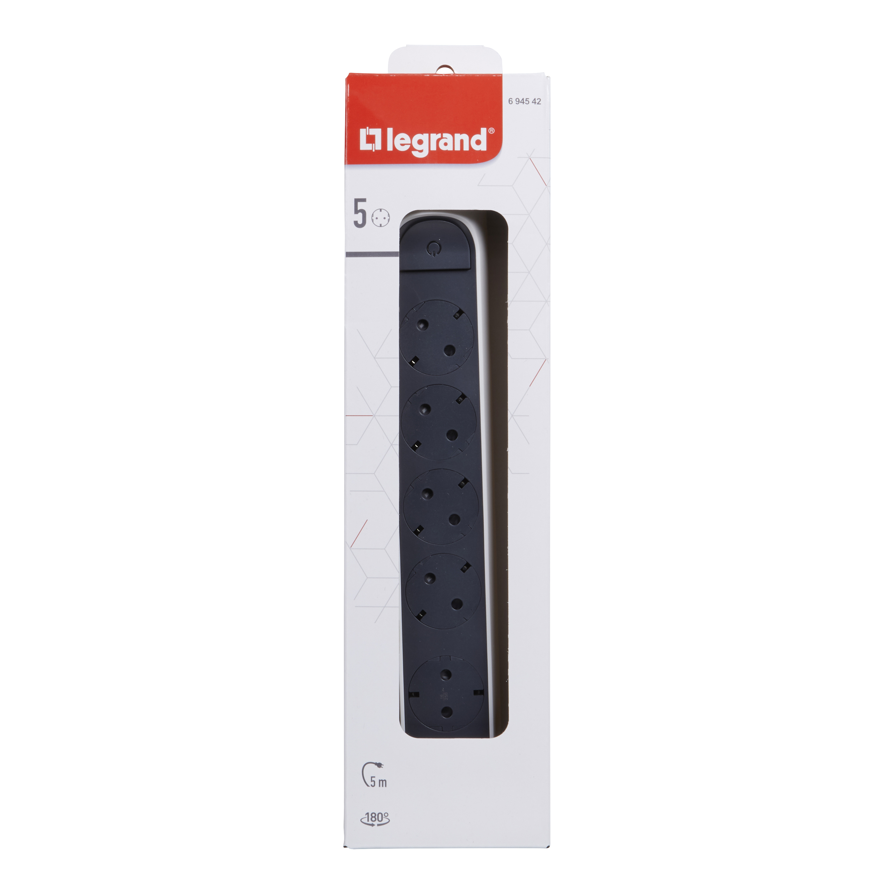 694542 Legrand Разклонител PRE, шуко, 5X2P+E, въртящ се,  5м. кабел, бяло/сиво_small