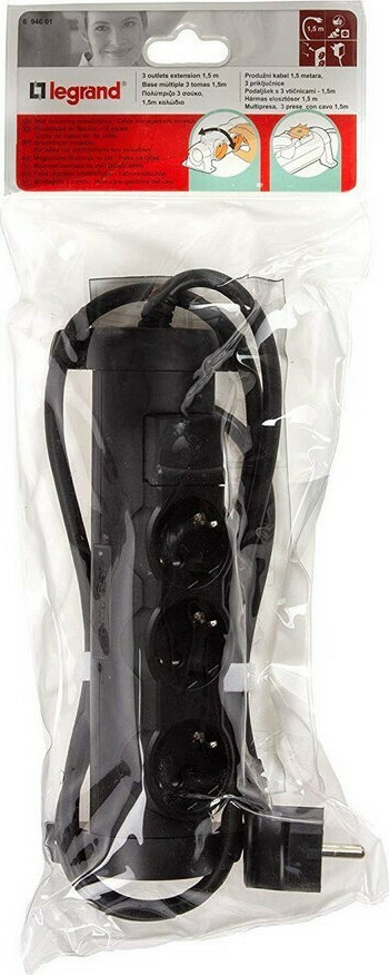 694601 Legrand Разклонител3х2P+E с кабел 1,5 метра, немски стандарт, Черен_small