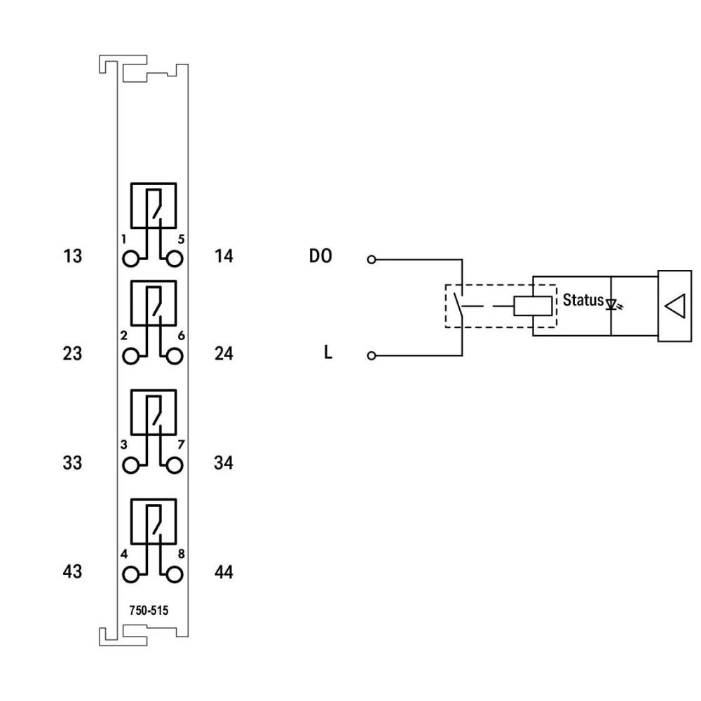 750-515 4-канален релеен изход; AC 250 V; 2,0 A; Безпотенциален; 4 NO контакта Wago_small