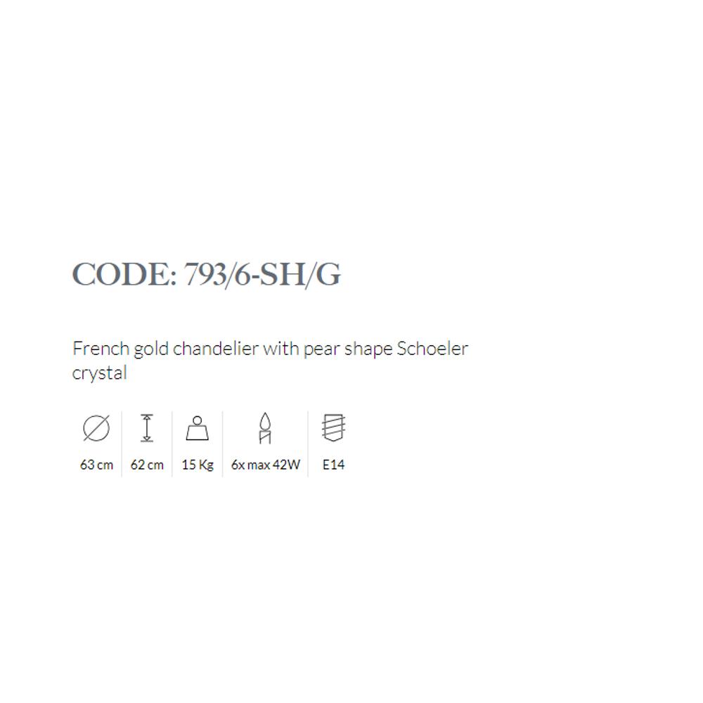 793/6-SH/G/002 FRENCH GOLD CHANDELIER WITH PEAR SHAPE SCHOELER CRYSTAL 6xMAX42W E14 Possoni_small