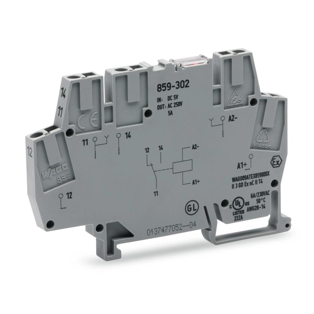 859-304 Релеен модул 24 VDC 1НО + 1НЗ  Червен индикатор 2,50 mm² Сив Wago