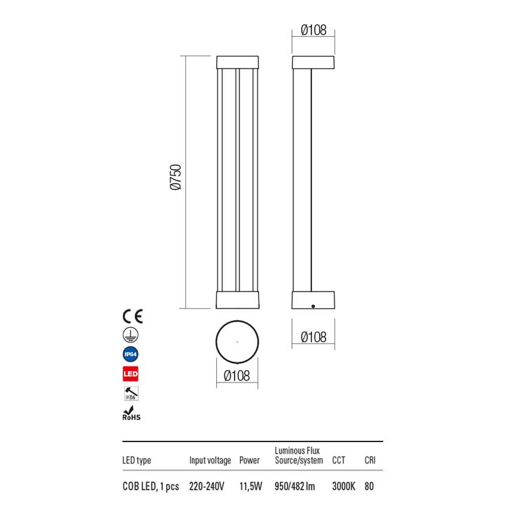 90365 Градински болард Zeus, COB LED 11.5W IP54 3000K, H750, цвят Dark grey, Redo_small