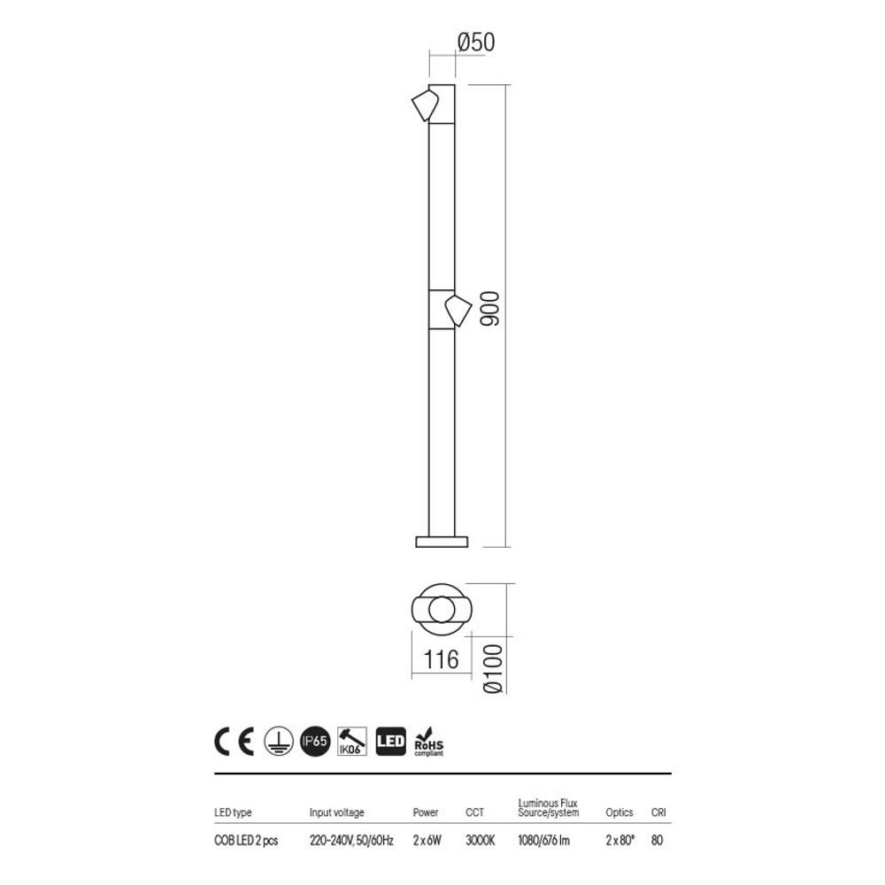 90546 Градински болард Uboat, COB LED 2X5W IP65 3000K, H900, цвят Dark grey, Redo_small