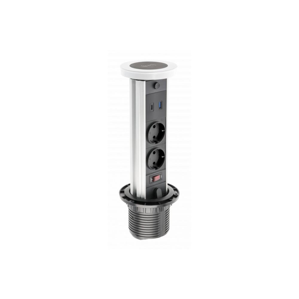 AE-BPW2SCAM-10 CAMINO Pull-up контакт за вгражд., 2x Schuko, USB A+C, 10W, кабел 1,5 м, бял GTV