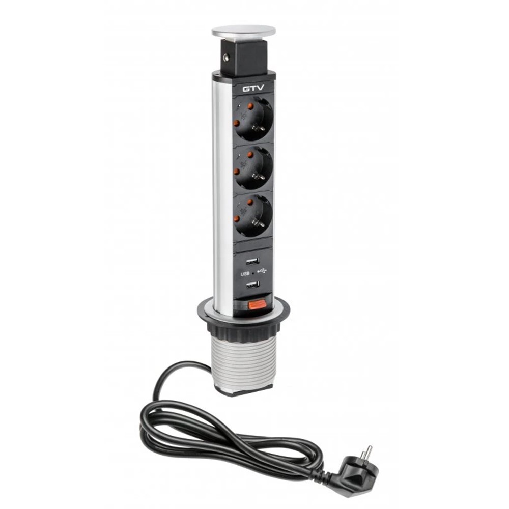 AE-BPW3S60U-80 Pull-out контакт за вгражд., 3х Schuko, USB5V/2,4A, кабел 1,5 м, сребрист GTV_small