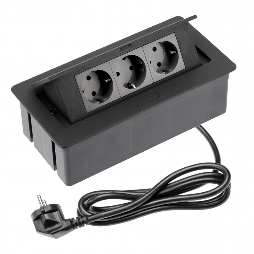 AE-PBSC3GS-20NN Pop-up контакт за вграждане, 3x Schuko, с кабел 1,5 м, черен, GTV
