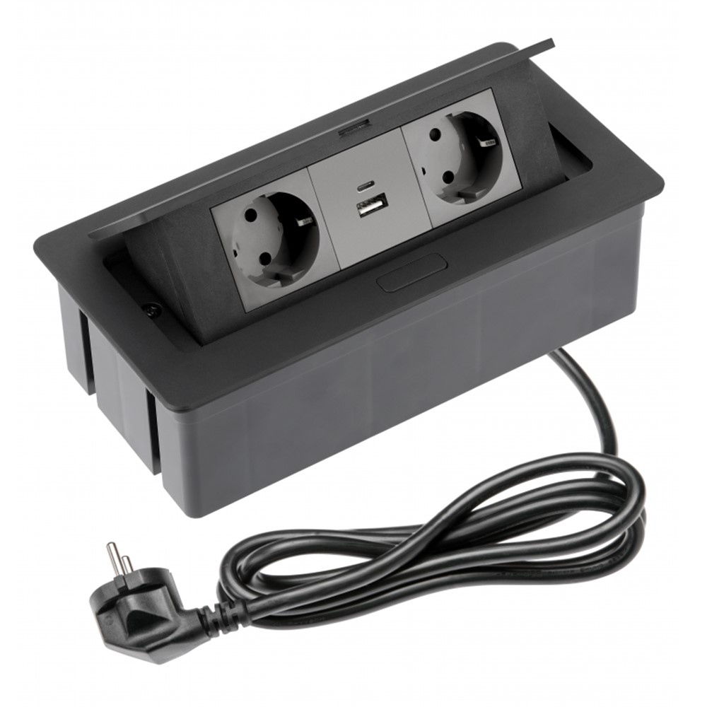 AE-PBSUC2GS-20NN Pop-up контакт за вграждане Soft, 2xSHUKO, USB A+С, кабел 1,5м, черен, GTV_small