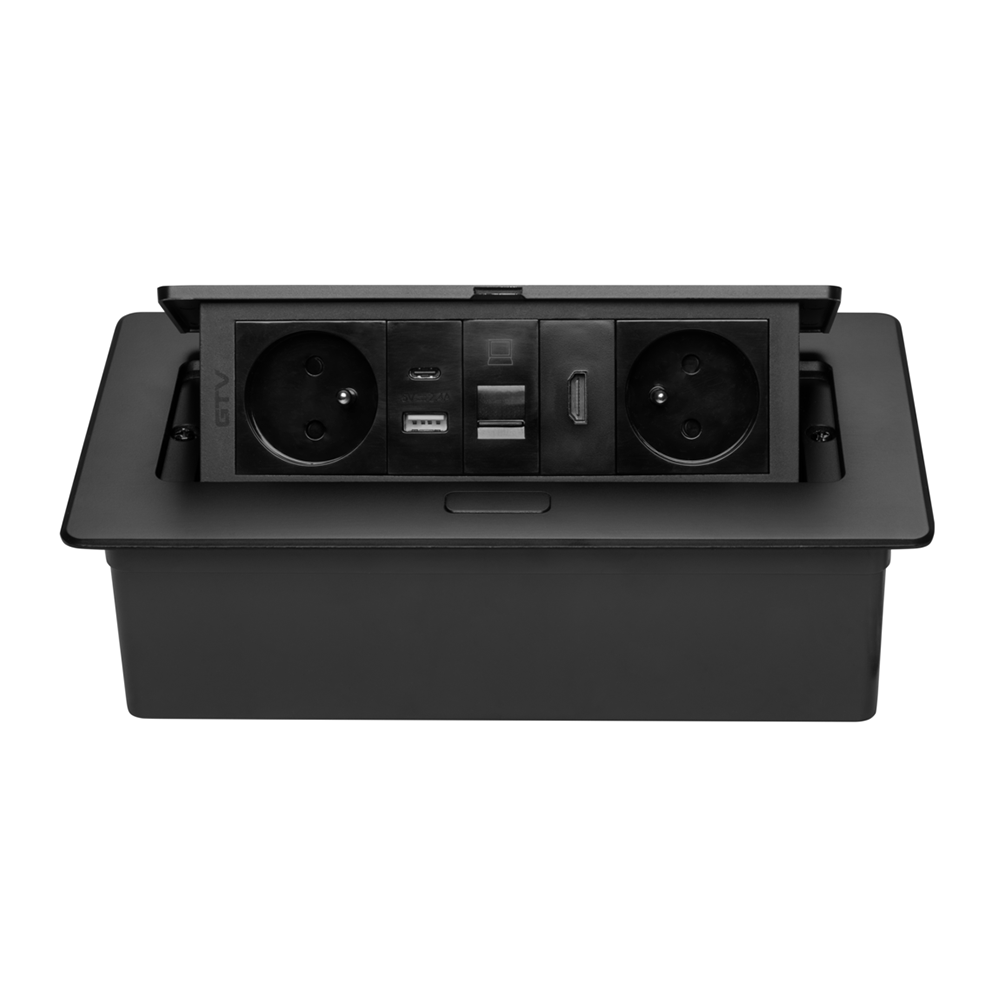 AE-PBSURH2GU-20 Pop-up контакт за вграждане MULTISOFT – 2x френски стандарт със заземяване,с кабел 1,5 м, USB A+C, RJ45, HDMI, захранващ кабел с щепсел, черен GTV_small