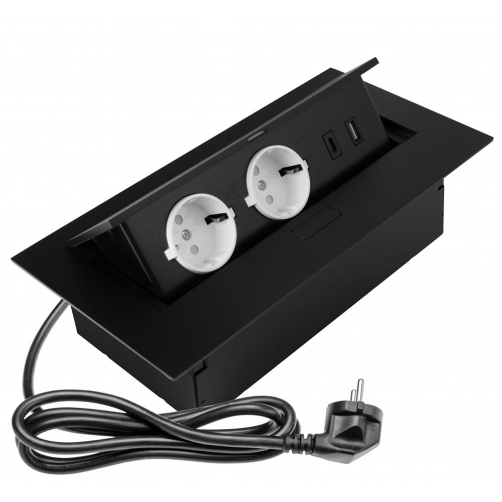 AE-PBU02GS-20N Pop-up контакт за вграждане, 2x Schuko, USB A+C, с кабел 1,5 м, черен GTV