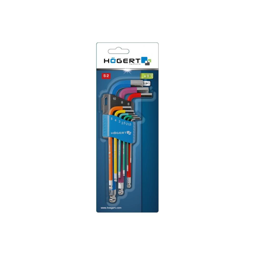 HT1W806 Комплект шестостенни ключове от 9 части, дълго рамо, цветно кодирани Hogert_small