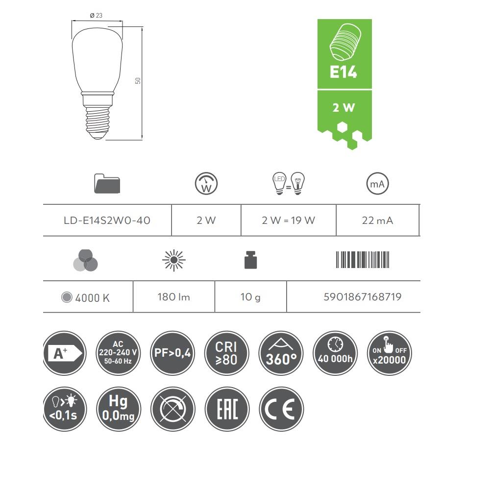 LD-E14S2W0-40 LED лампа 2W, E14, 4000K, AC220-240V, 360°, 180lm GTV_small