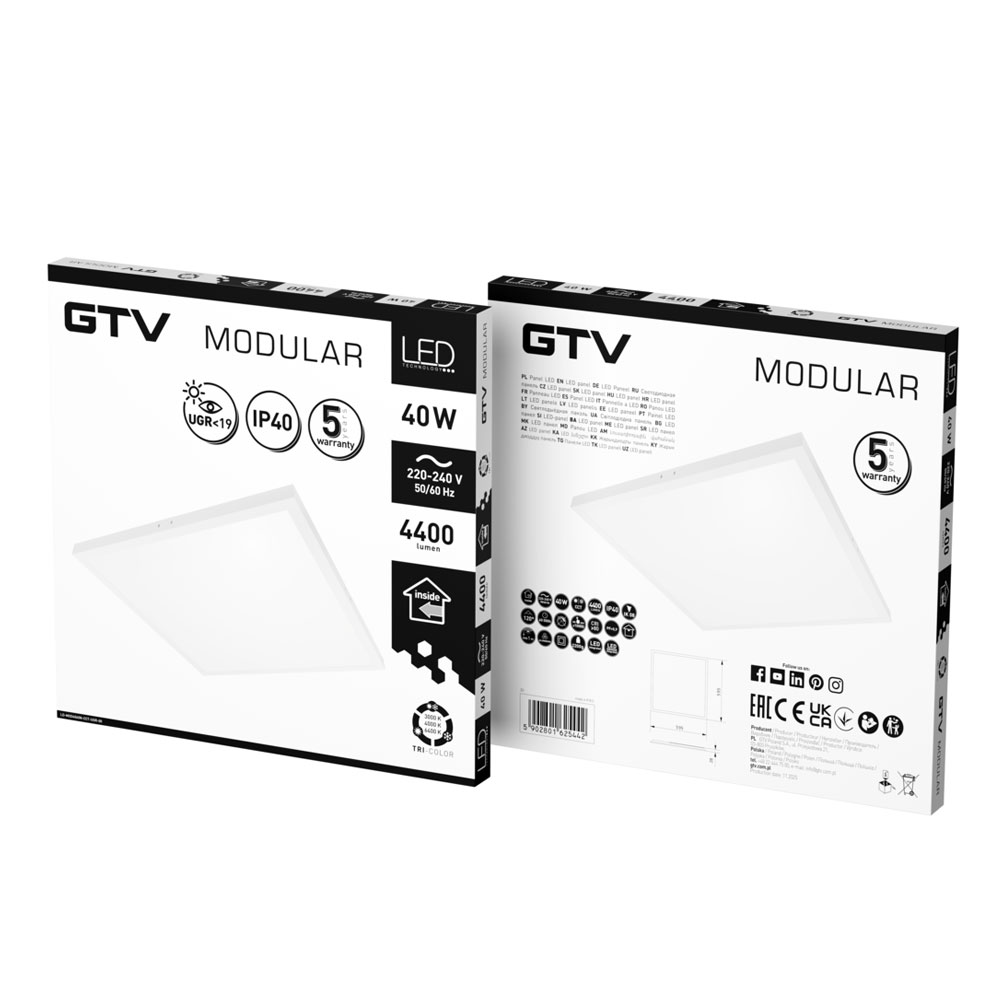 LD-MOD4060N-CCT-UGR-00 LED панел MODULAR 2в1 за вграден и открит монтаж 40W 4400lm CCT 3000/4000К 595x595mm IP40 бял GTV_small