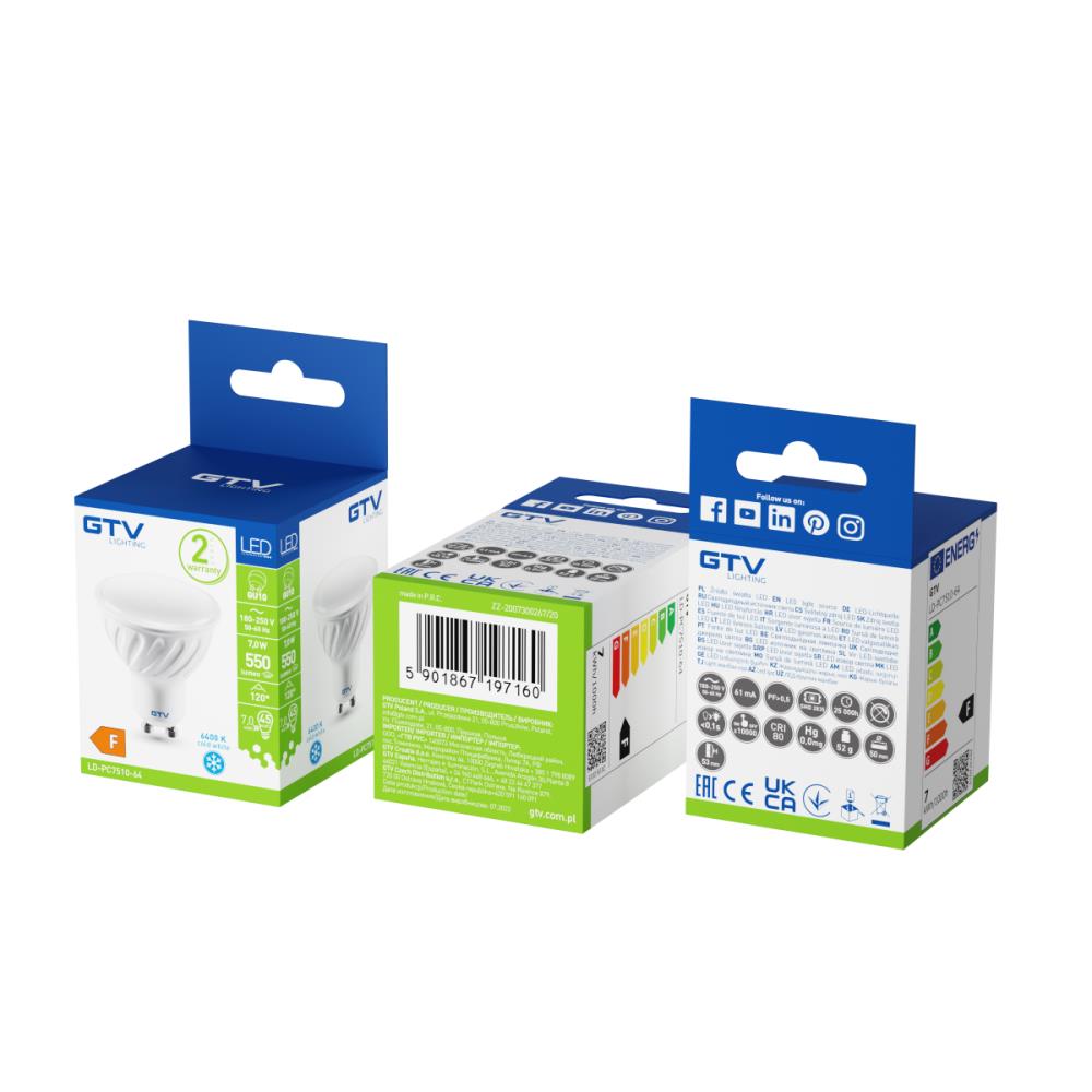 LD-PC7510-64 LED лампа 7,5W, GU10,6400K, AC220-240V, 120°, 570lm GTV_small