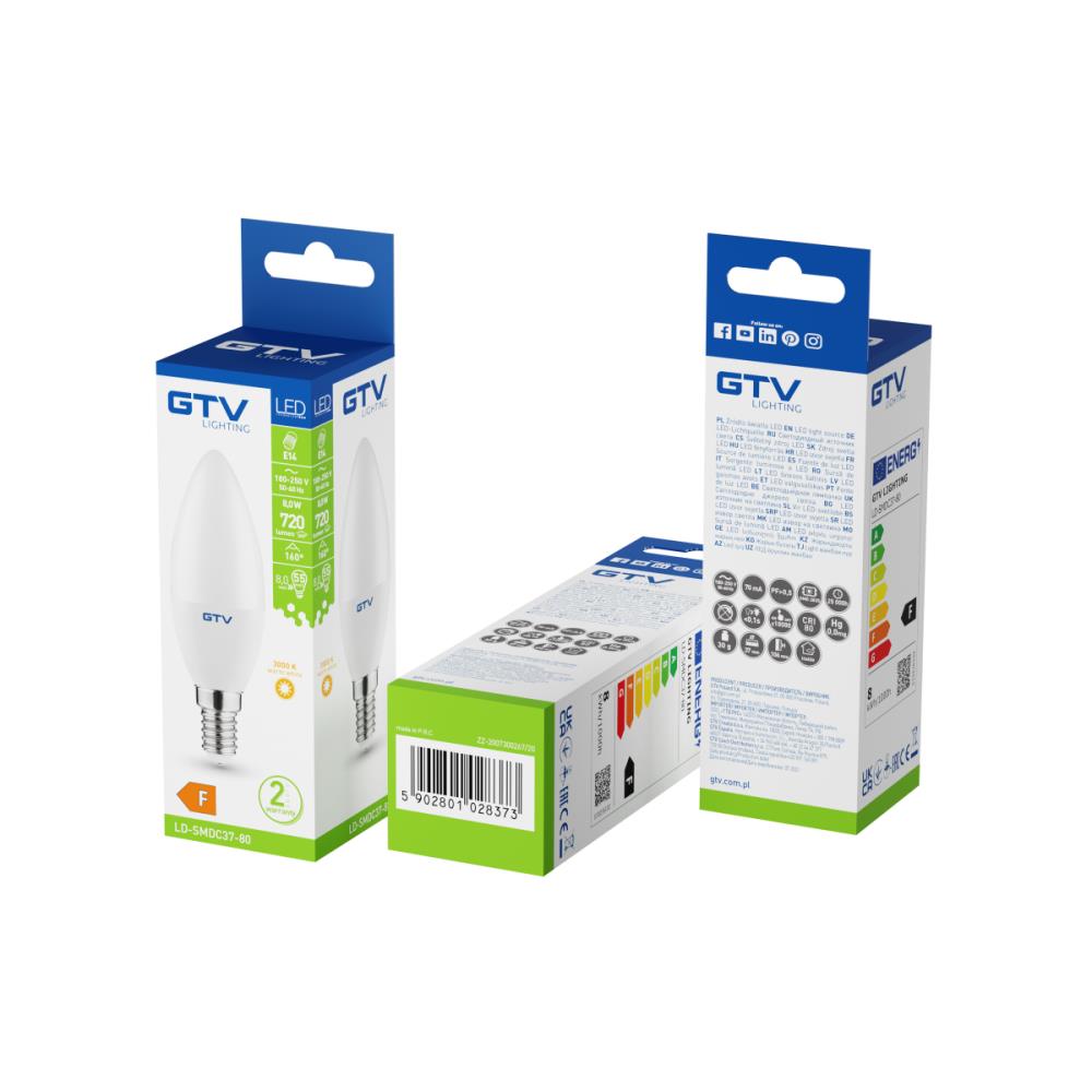 LD-SMDC37-80 LED лампа 8W, E14, 3000K, AC220-240V, 160°, 700lm GTV_small