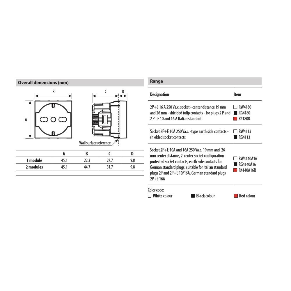 RG4113 Контакт Classia, 2P+E 10A 250V, със заземяване, 1M, черен, Bticino_small