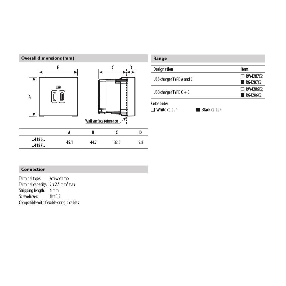 RG4287C2 5 Vdc USB розетка тип A и C за бързо зареждане 110÷230V, 2M Черен Bticino Classia_small