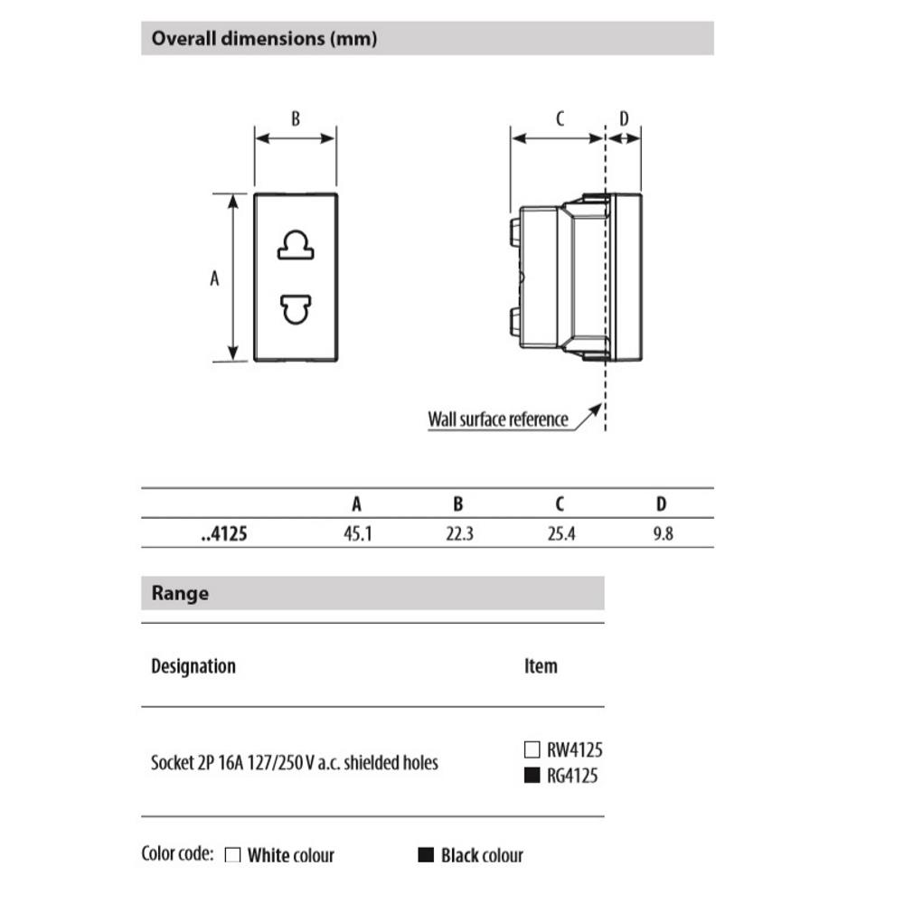RW4125 Контакт 2P 16A 127/250V,евро-американски стандарт, 1M бял Bticino Clasiia - До изчерпване_small
