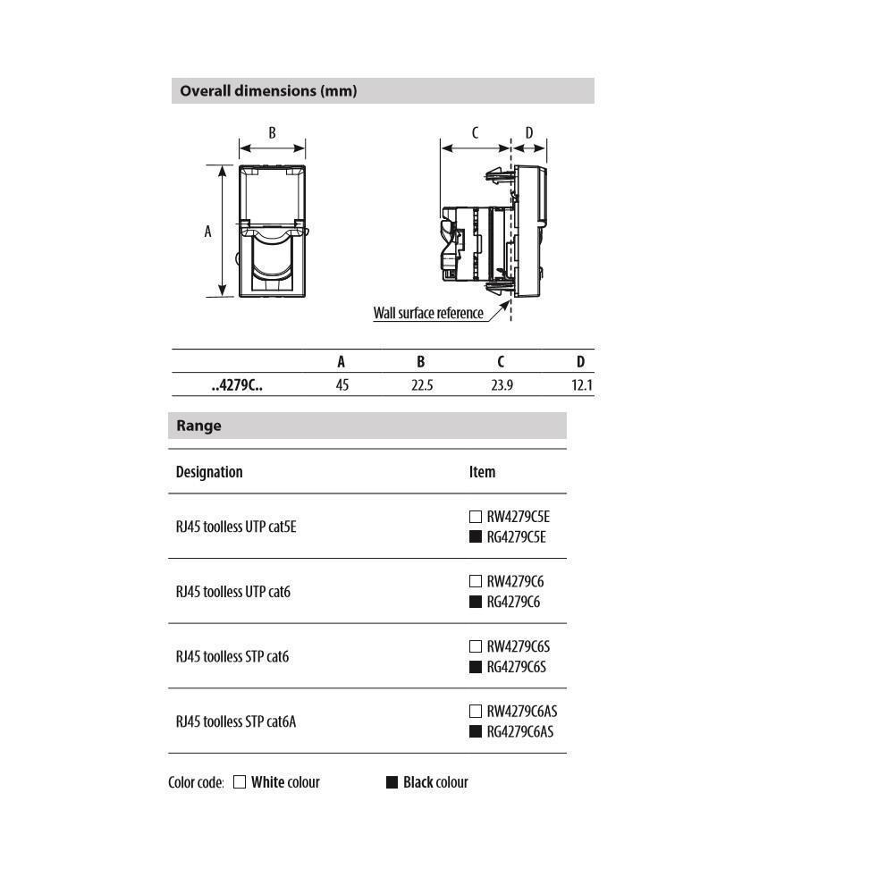 RW4279C6S RJ45 розетка STP cat6, монтаж без инструменти, 1M Бял Bticino Classia_small