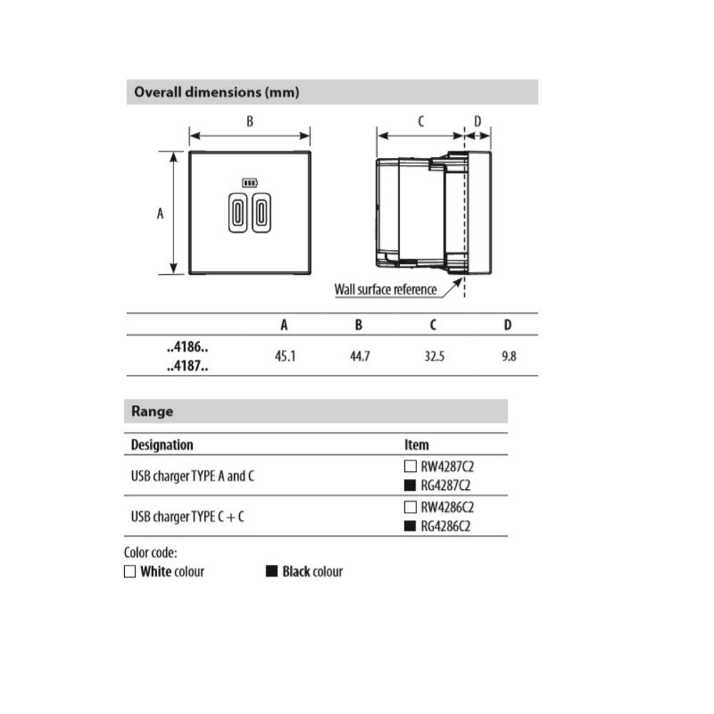 RW4286C2 5 Vdc USB розетка Тип C за бързо зареждане 110÷230V захранване,2M Бял Bticino Classia_small