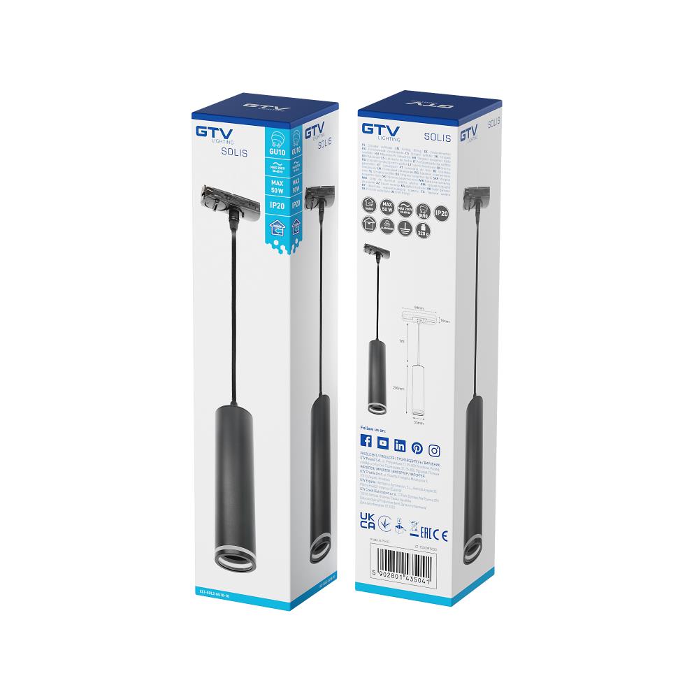 XLT-SOL2-GU10-10 Вис. осветително тяло за монофазна шина 1xGU10 max. 50W IP20 Черно GTV_small