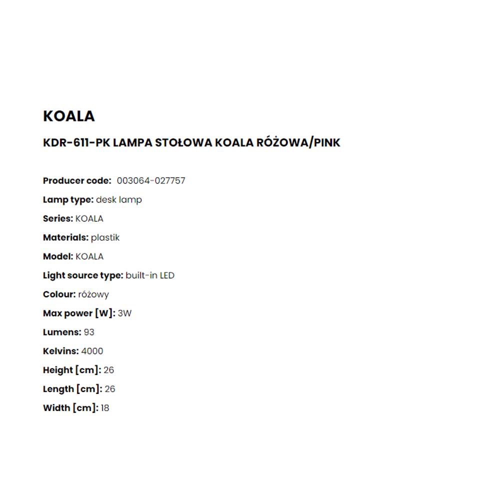 KDR-611-PK Настолна лампа Koala 3W 4000K LM 93 26*18*26см ABS, PP PINK, Zuma Line_small