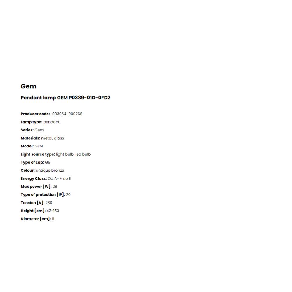 P0389-01D-0FD2 Пендел Gem 1x28W G9 antique bronze, Crystal, glass, Zuma Line_small