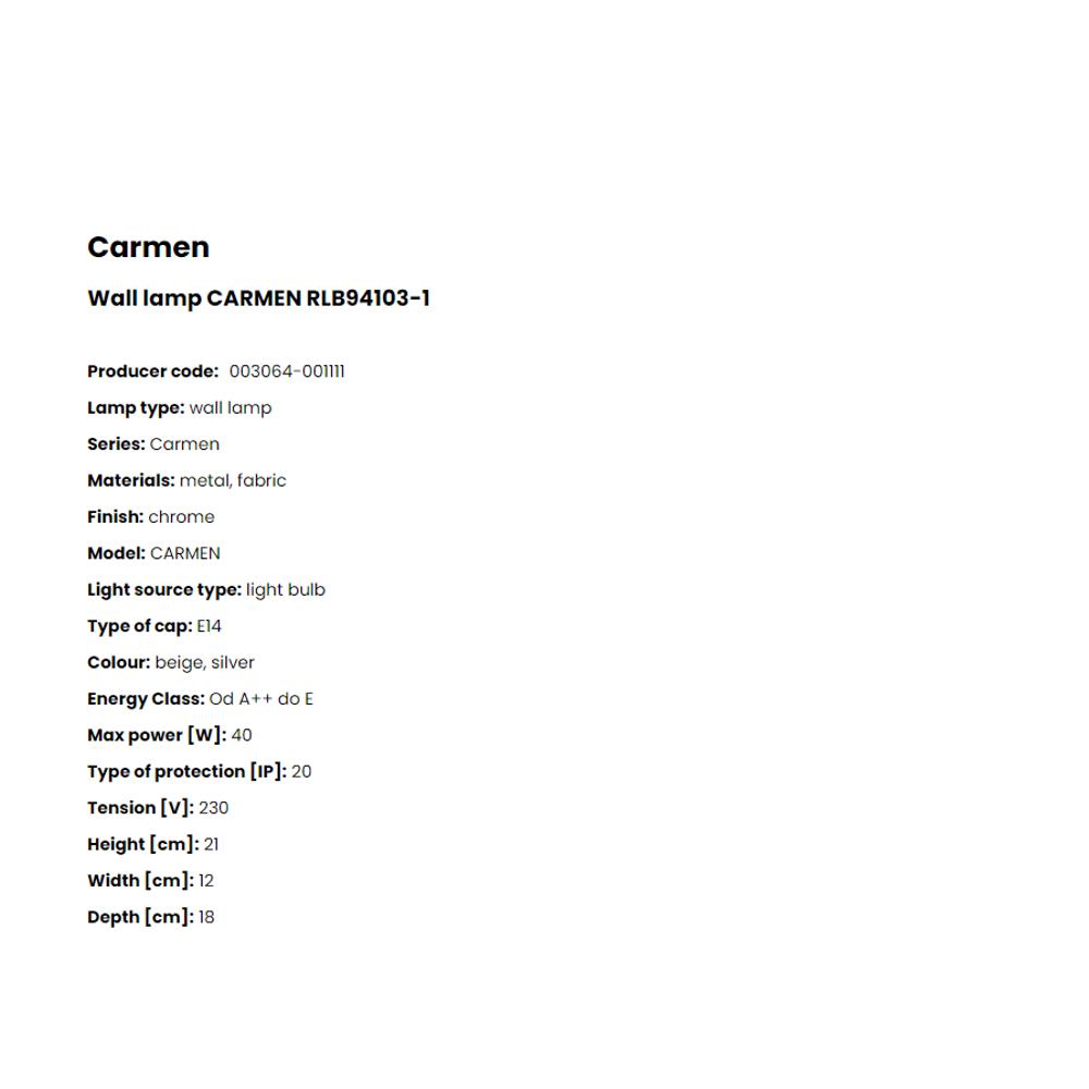 RLB94103-1 Аплик Carmen 1x40W E14 beige fabric, chrome, Zuma Line_small