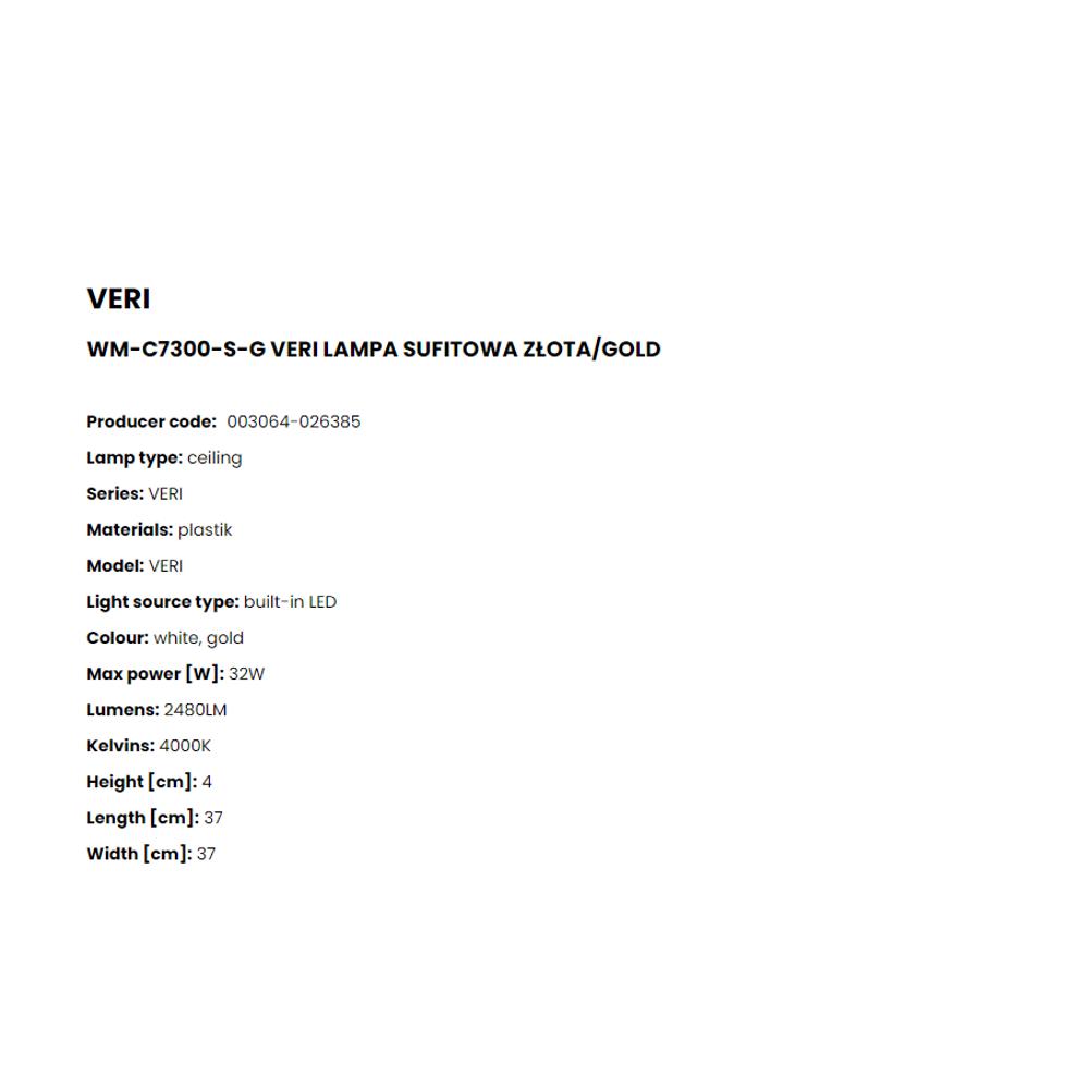 WM-C7300-S-G Плафониера Veri 32W LED 2480LM 4000K Ø37 H4 plastic gold white, Zuma Line_small
