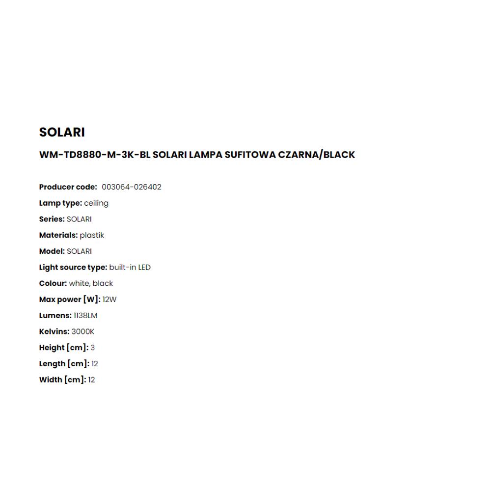 WM-TD8880-M-3K-BL Плафониера Solari 12W LED 1138LM 3000K Ø12 H3 aluminium black white, Zuma Line_small