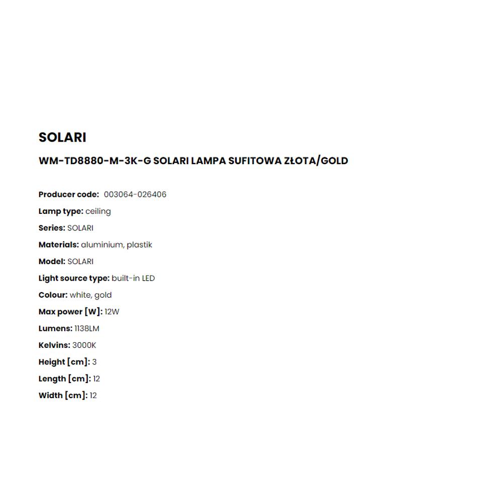 WM-TD8880-M-3K-G Плафониера Solari 12W LED 1138LM 3000K Ø12 H3 aluminium gold white, Zuma Line_small