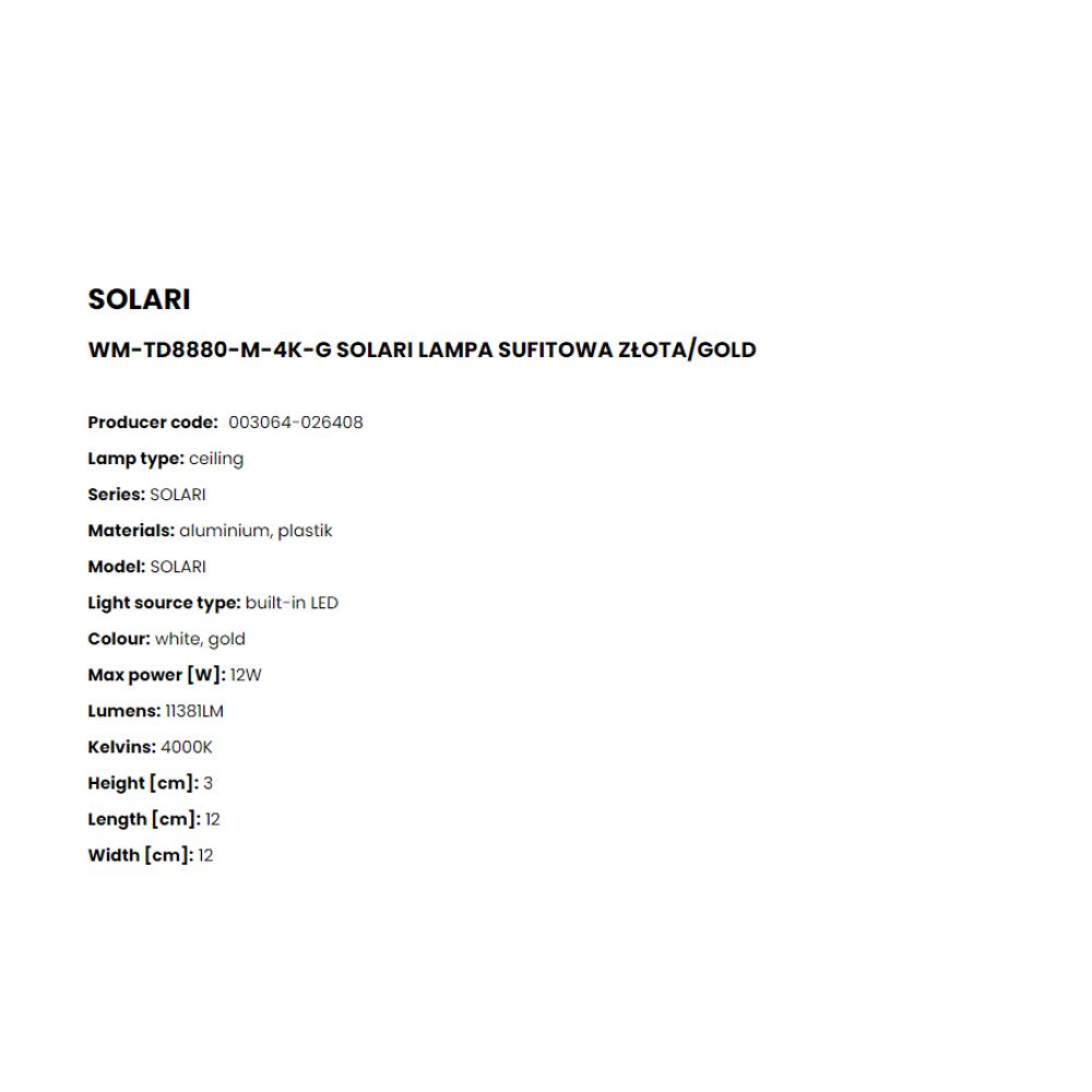 WM-TD8880-M-4K-G Плафониера Solari 12W LED 1138LM 4000K Ø12 H3 aluminium gold white, Zuma Line_small