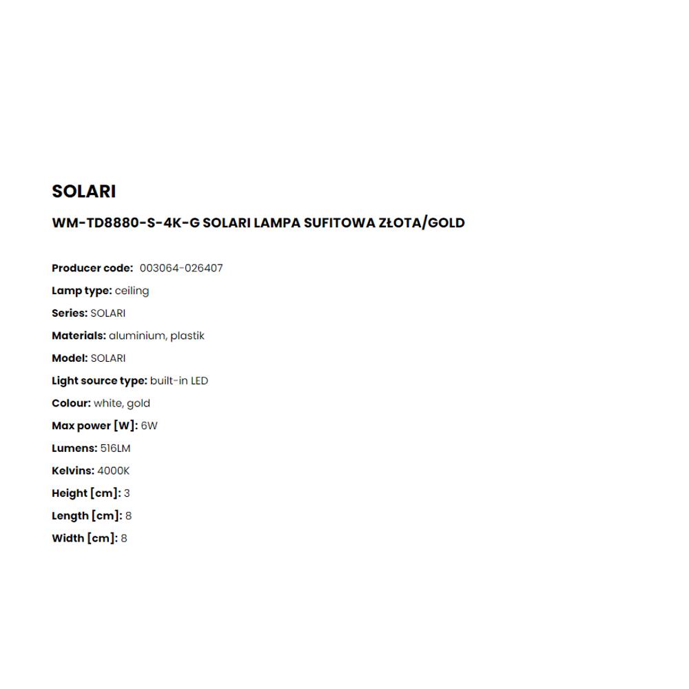 WM-TD8880-S-4K-G Плафониера Solari 5W LED 516LM 4000K Ø8 H3 aluminium gold white, Zuma Line_small